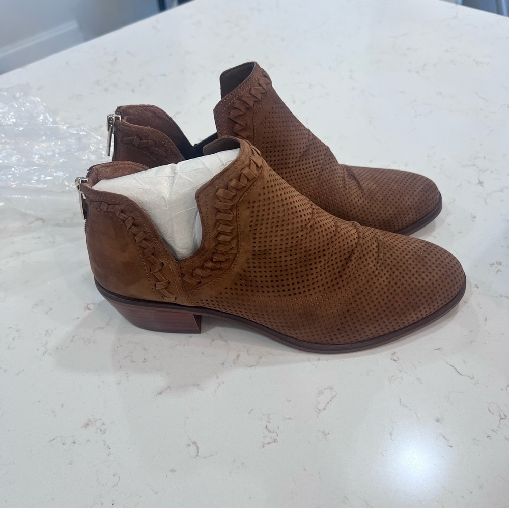 Vince Camuto Perforated Suede Braided Ankle Boots Brown 8W/38.5
